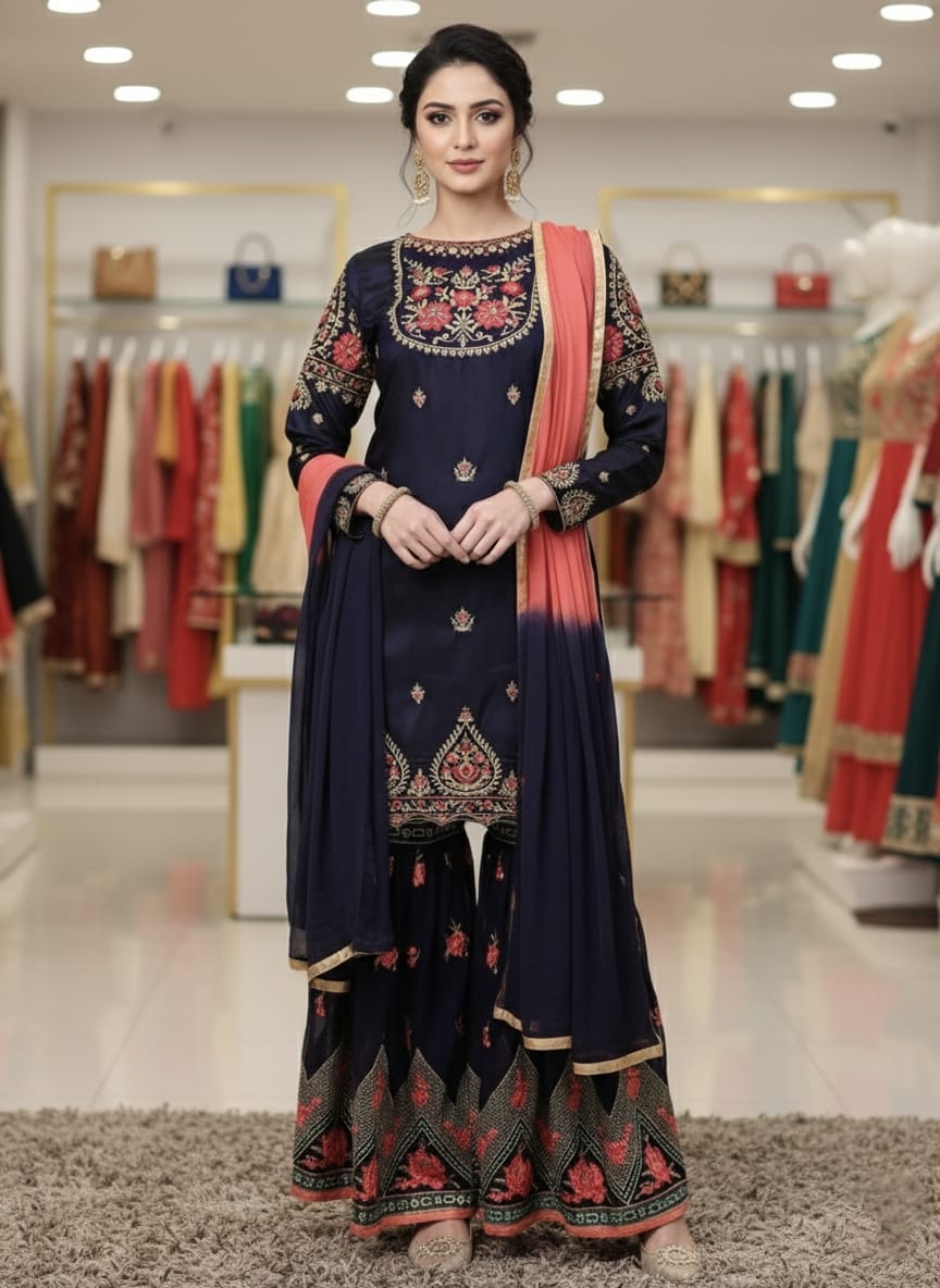 সেমি-স্টিচড জর্জেট এমব্রয়ডারি শারারা ড্রেস