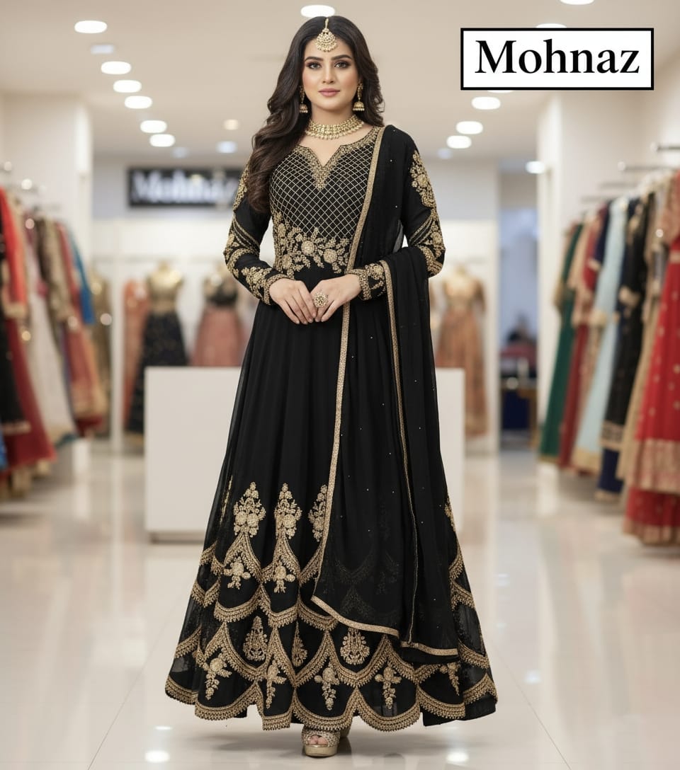 সেমি-স্টিচড জর্জেট ফ্লোর টাচ আনারকলি – রাজকীয় এমব্রয়ডারি পার্টি ড্রেস