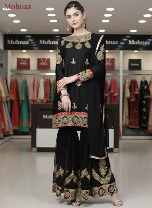 সেমি-স্টিচড জর্জেট এমব্রয়ডারি শারারা ড্রেস