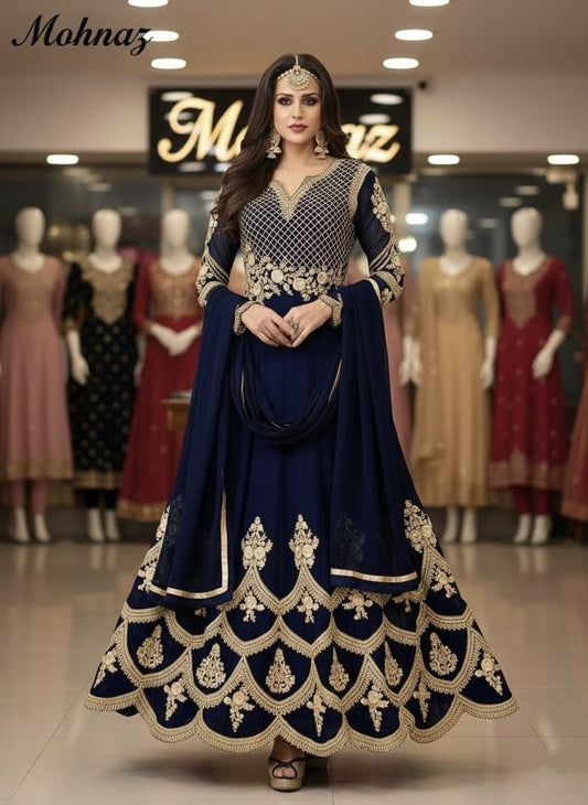 সেমি-স্টিচড জর্জেট ফ্লোর টাচ আনারকলি – রাজকীয় এমব্রয়ডারি পার্টি ড্রেস